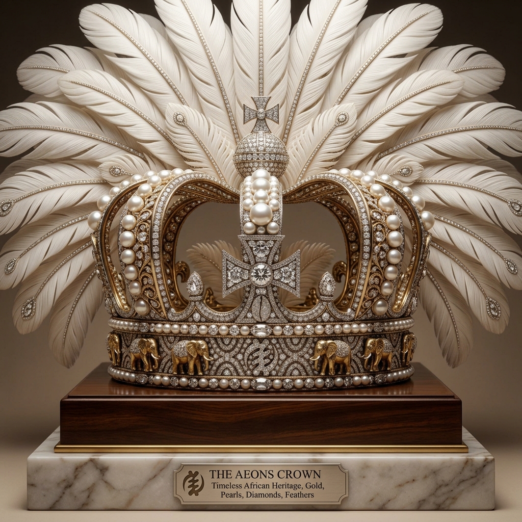 The Aeons Crown with pearls, diamonds, and feathers on a marble pedestal