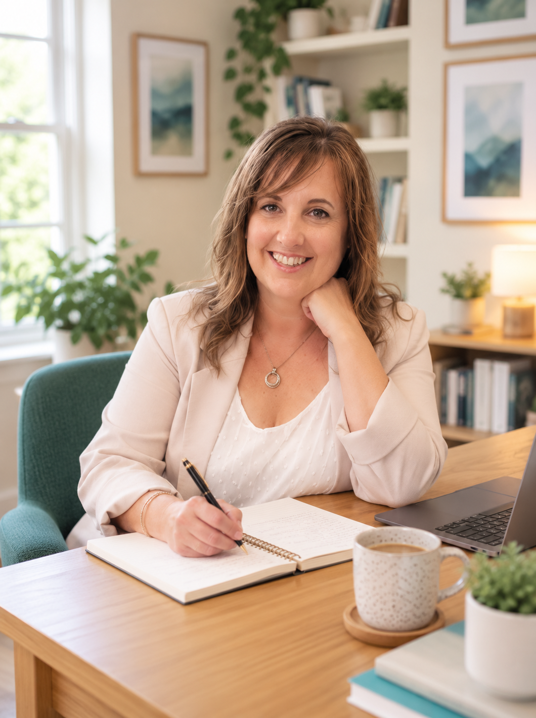 Tracy Sherriff at her desk with notebook and coffee, founder of Knowledge to Profit™