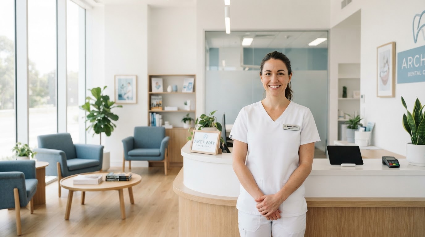 Dentista sonriendo en una clínica dental moderna y luminosa