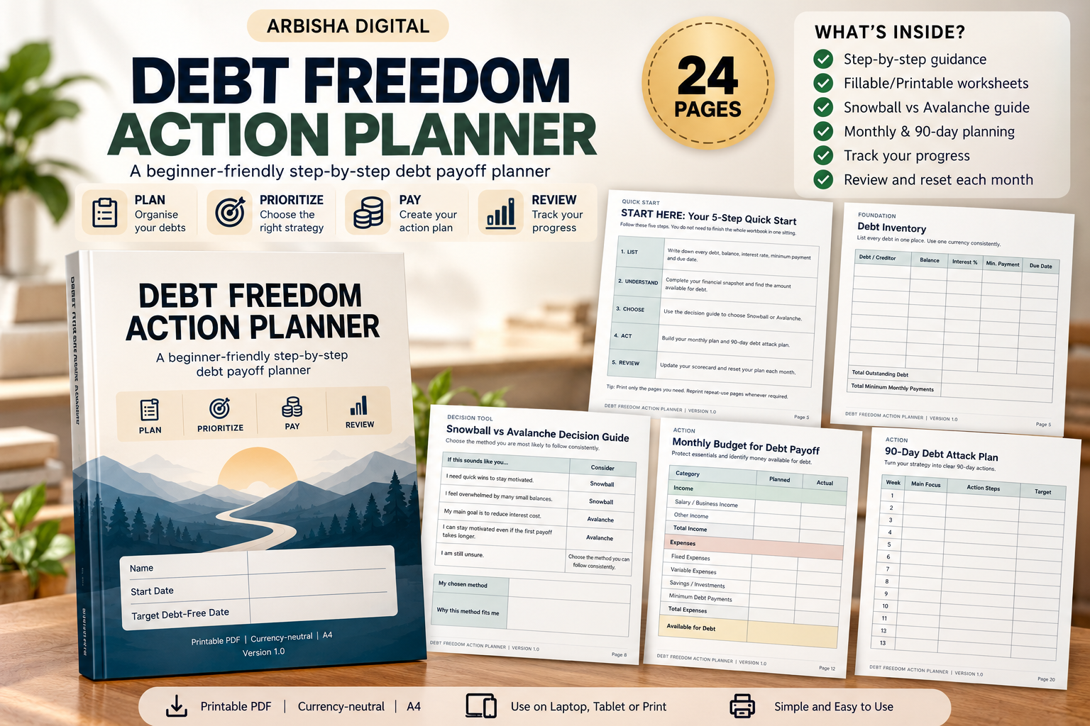 Debt Freedom Action Planner — 24 Pages Beginner-Friendly Step-by-Step Debt Payoff Planner