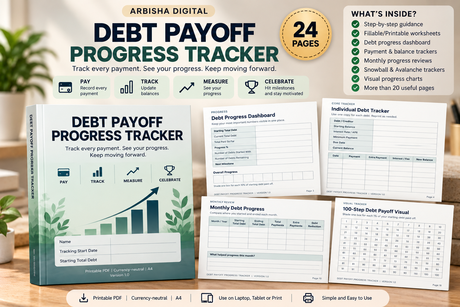 Debt Payoff Progress Tracker — 24 Pages Step-by-Step Debt Tracking Worksheets by Arbisha Digital