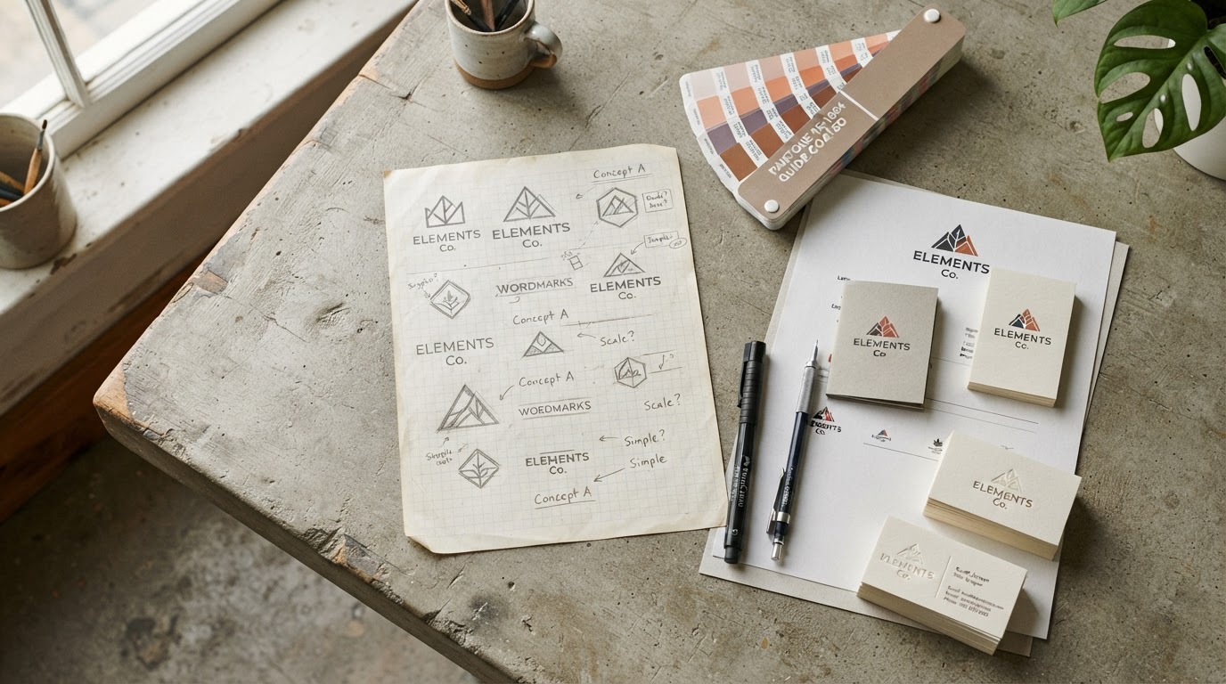 Designer's desk with logo sketches, Pantone swatches and brand identity sheets, flat lay