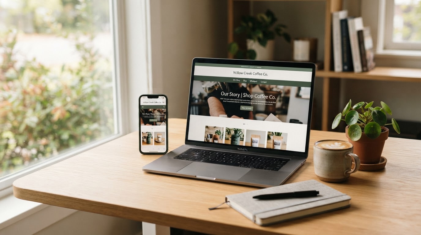 Laptop and smartphone showing a modern small business website, on a desk with coffee and a plant