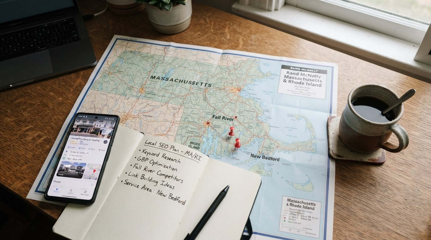 Map of Massachusetts and Rhode Island with location pins and a smartphone showing a Google Business Profile