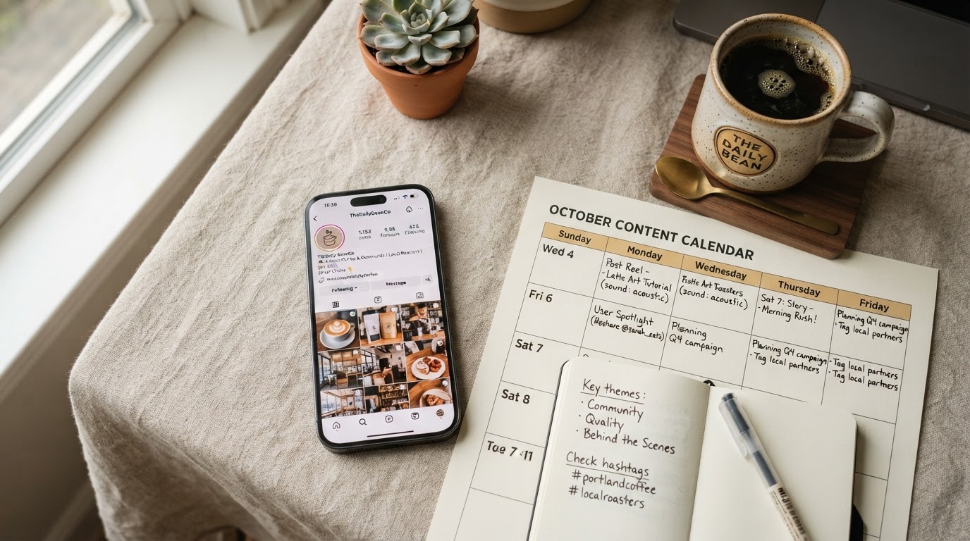 Smartphone showing a local business Instagram profile grid with a content calendar and notebook, flat lay