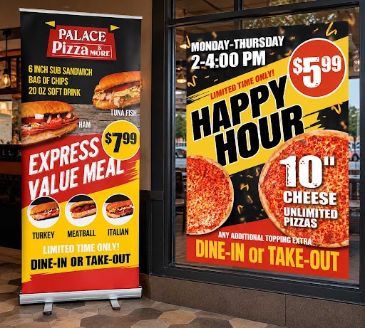 Palace Pizza & More custom retail window signage and rollup banner design by Punch Creatives Fall River MA