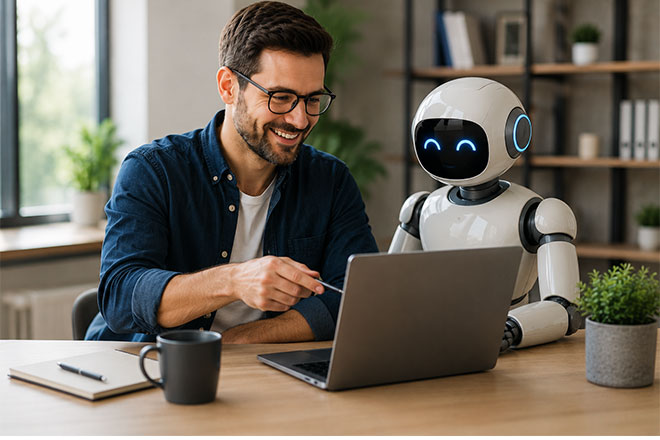 Small business owner collaborating with AI assistant technology