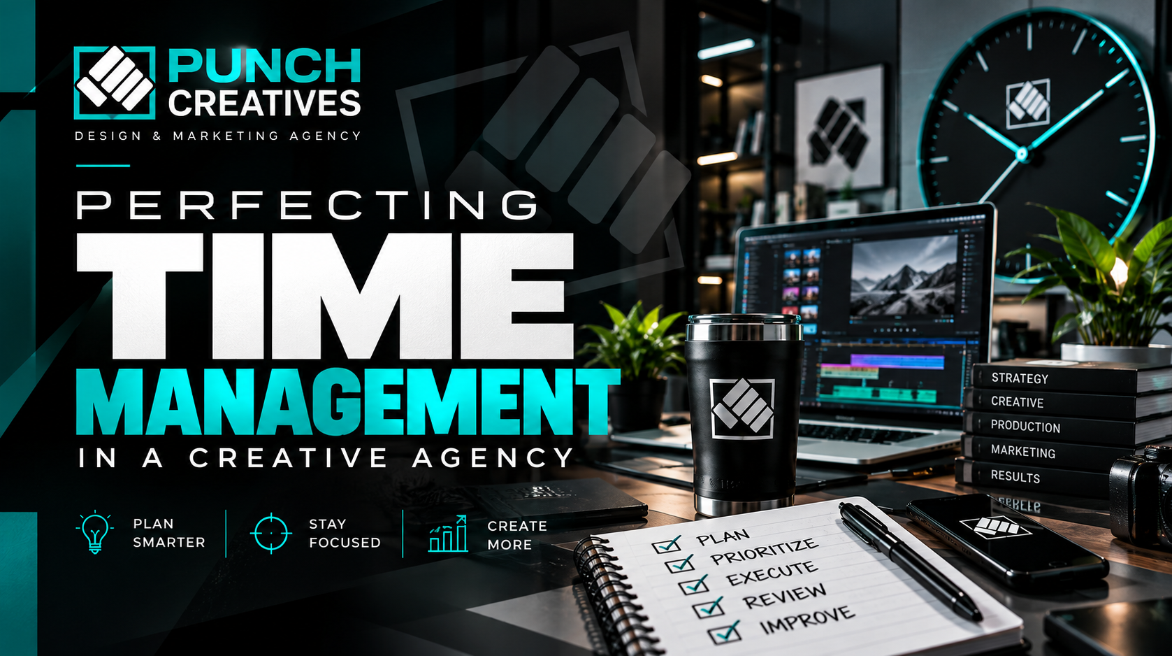 Jose Diaz, Director of Operations at Punch Creatives — Perfecting Time Management in a Creative Agency banner with Punch Creatives logo, desk workspace, laptop, planner checklist, coffee tumbler, and wall clock for operations in Fall River, Massachusetts