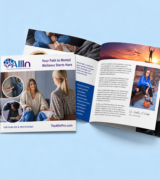 AllIn Counseling and Mental Performance Coaching multi-page printed brochure and marketing collateral design by Punch Creatives Massachusetts
