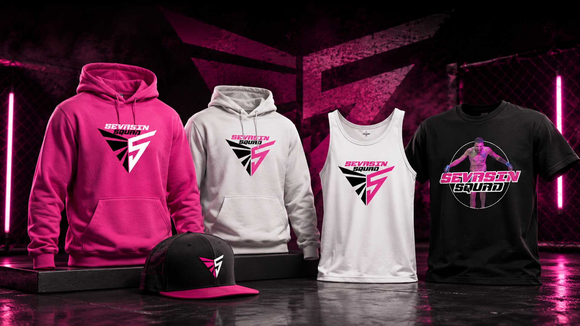 Sevasin Squad custom branded fighter apparel, hoodies, hats, tank tops, and shirts