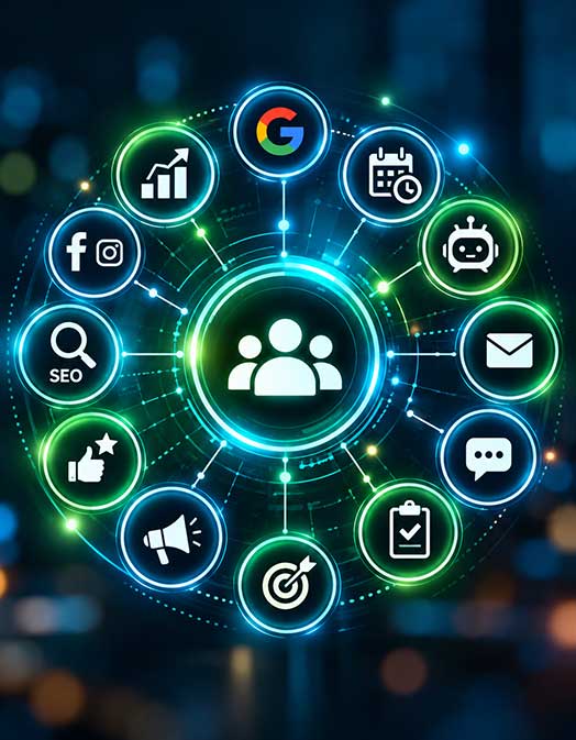Punch Hub connected digital ecosystem — SEO, Google, Facebook, reviews, automations and CRM