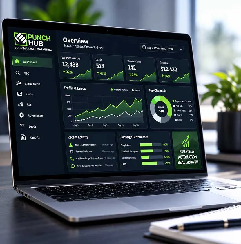 Punch Hub fully managed marketing platform dashboard on laptop