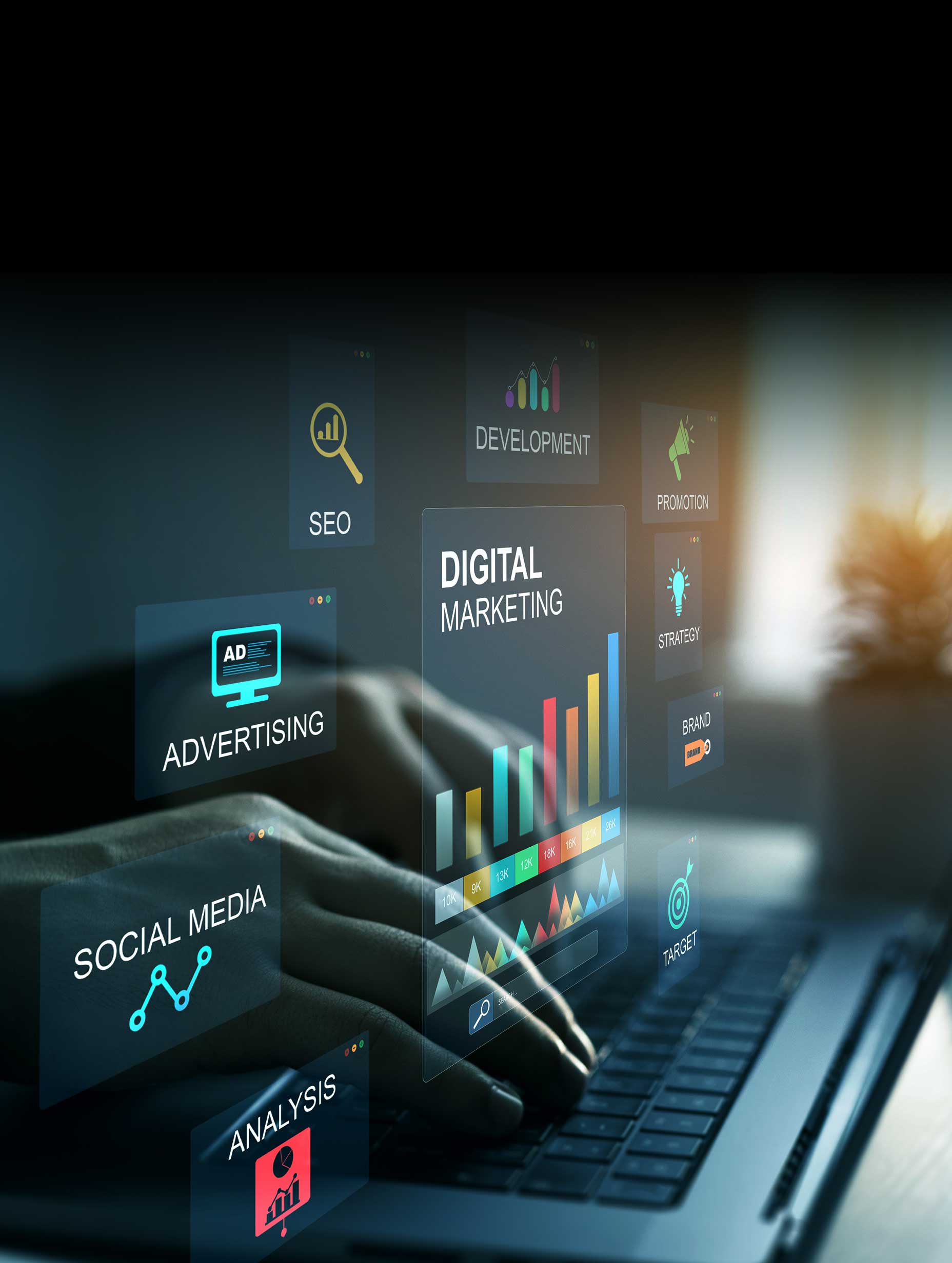 Digital marketing strategy, SEO, and analytics dashboard