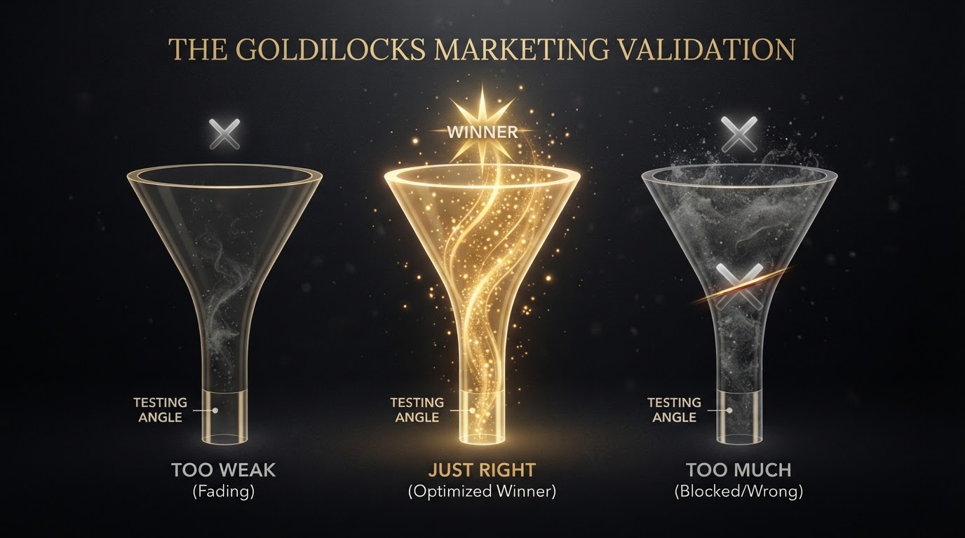 The Goldilocks concept: three competing marketing angles tested side by side, with the winning 'just right' angle glowing gold in the center