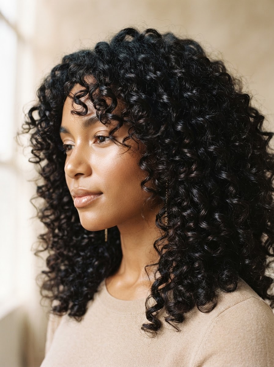 Fictional concept image of a glossy dark curl, a visual study, not real salon work.