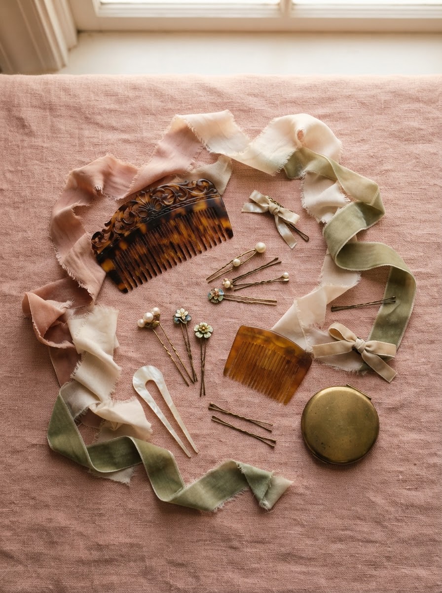 Fictional concept still-life image of combs and ribbons, a visual study, not real salon work.