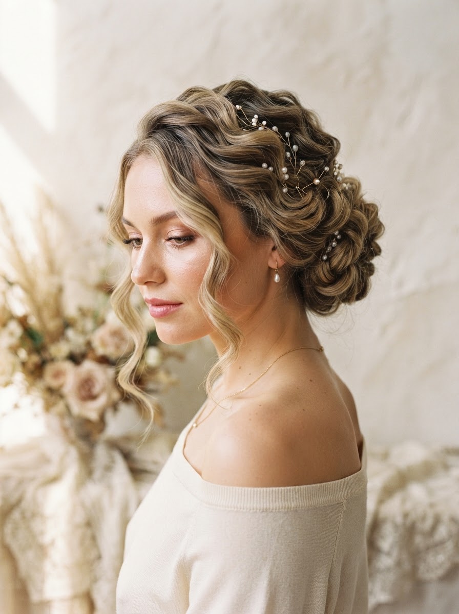 Fictional concept image of a pinned occasion style, a visual study, not real salon work.