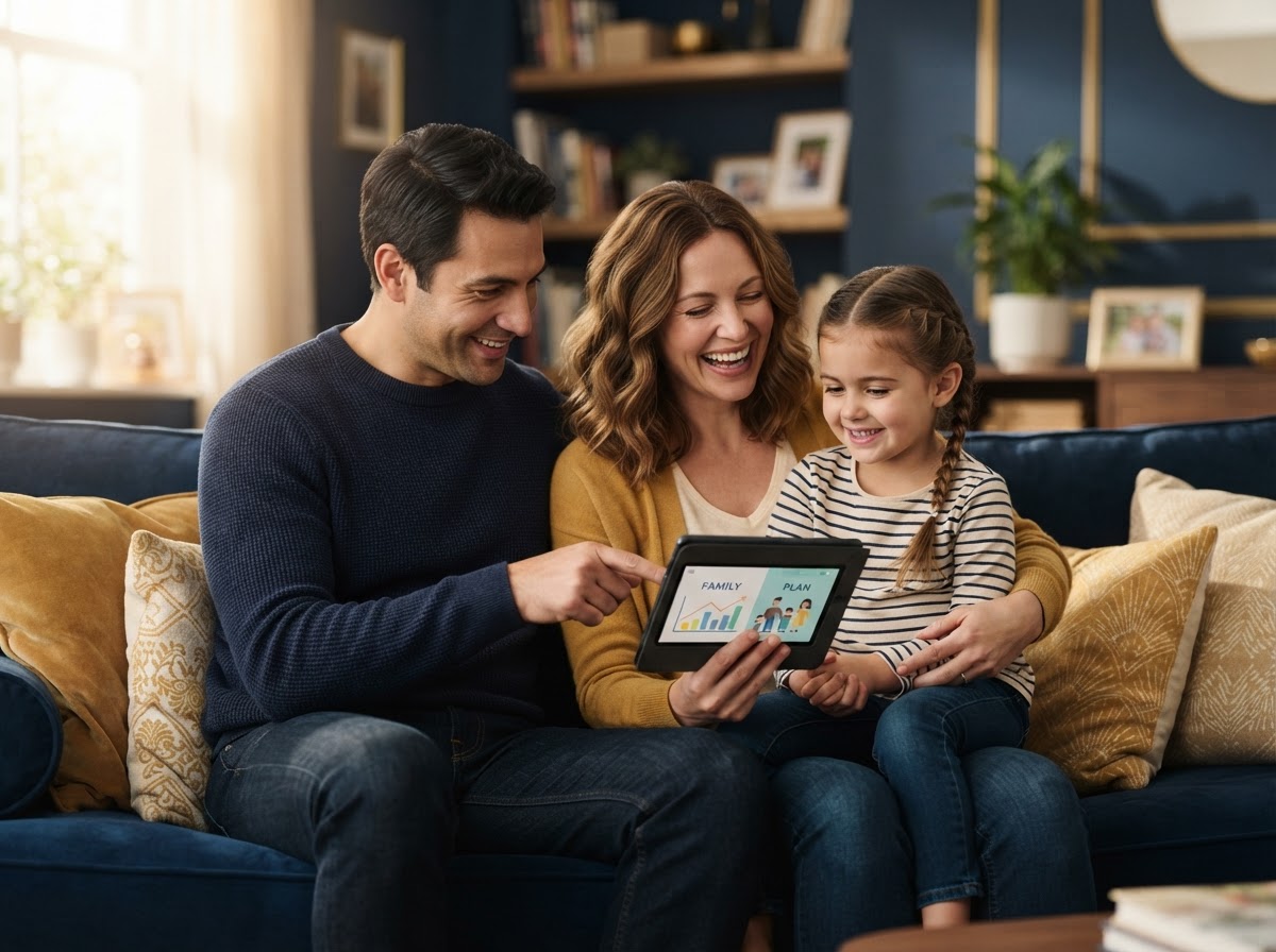 A family reviewing plans together on a tablet at home