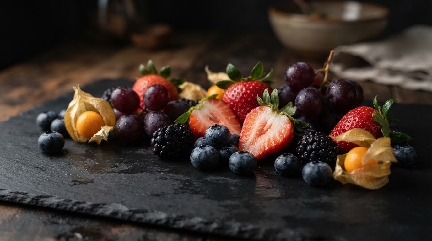Frutas premium frescas sobre superficie negra — Frutos de Altosano