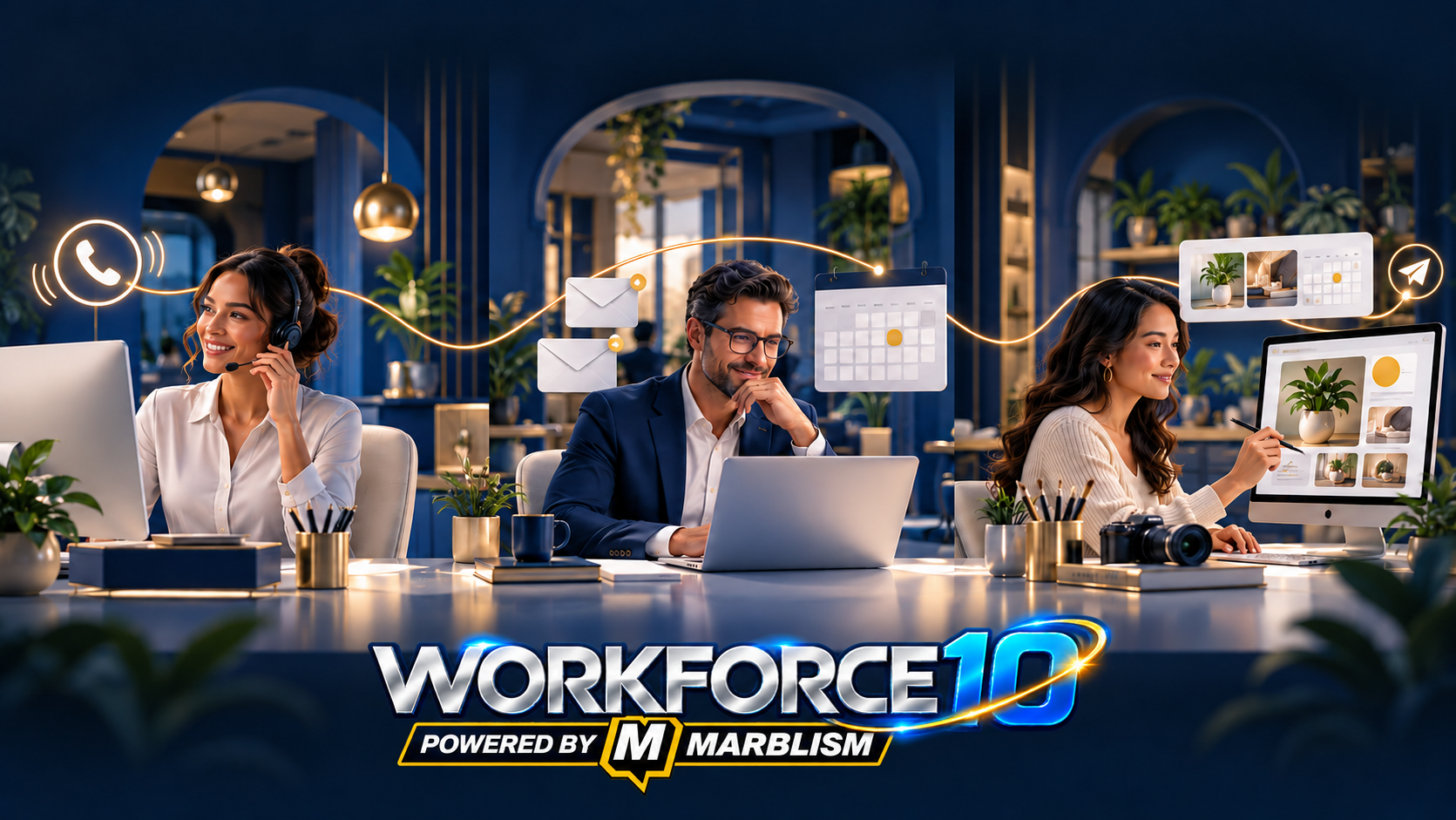 Illustration of receptionist, executive assistant, and social media work supported by WF10's Marblism-based AI workforce.