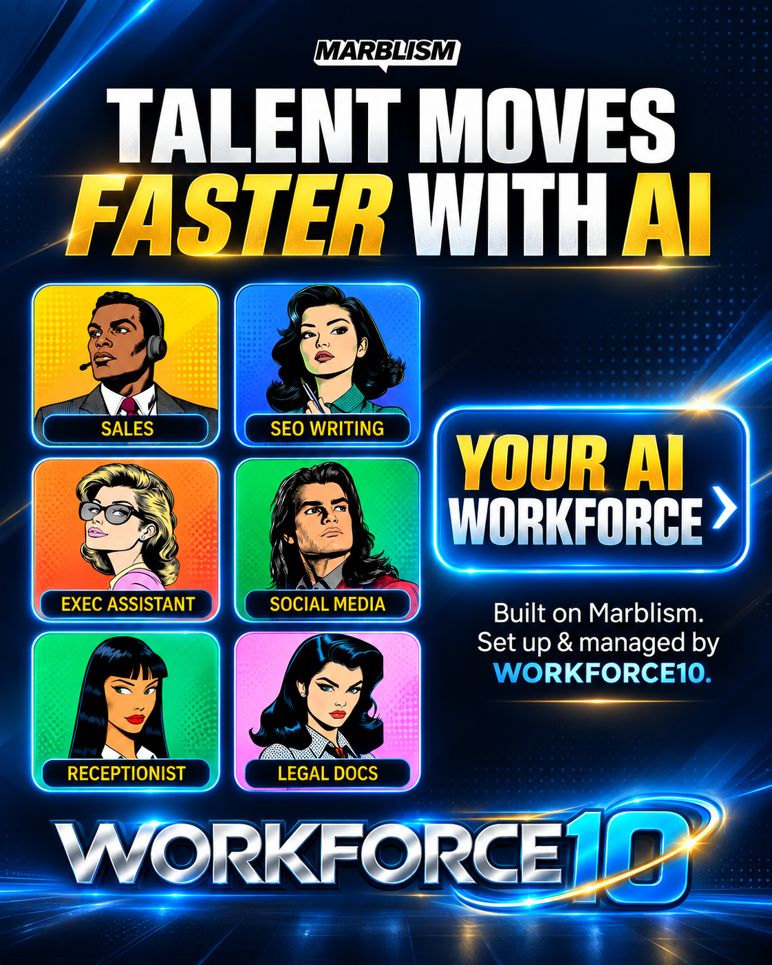 Talent Moves Faster With AI — Your AI Workforce built on Marblism, set up and managed by WORKFORCE10