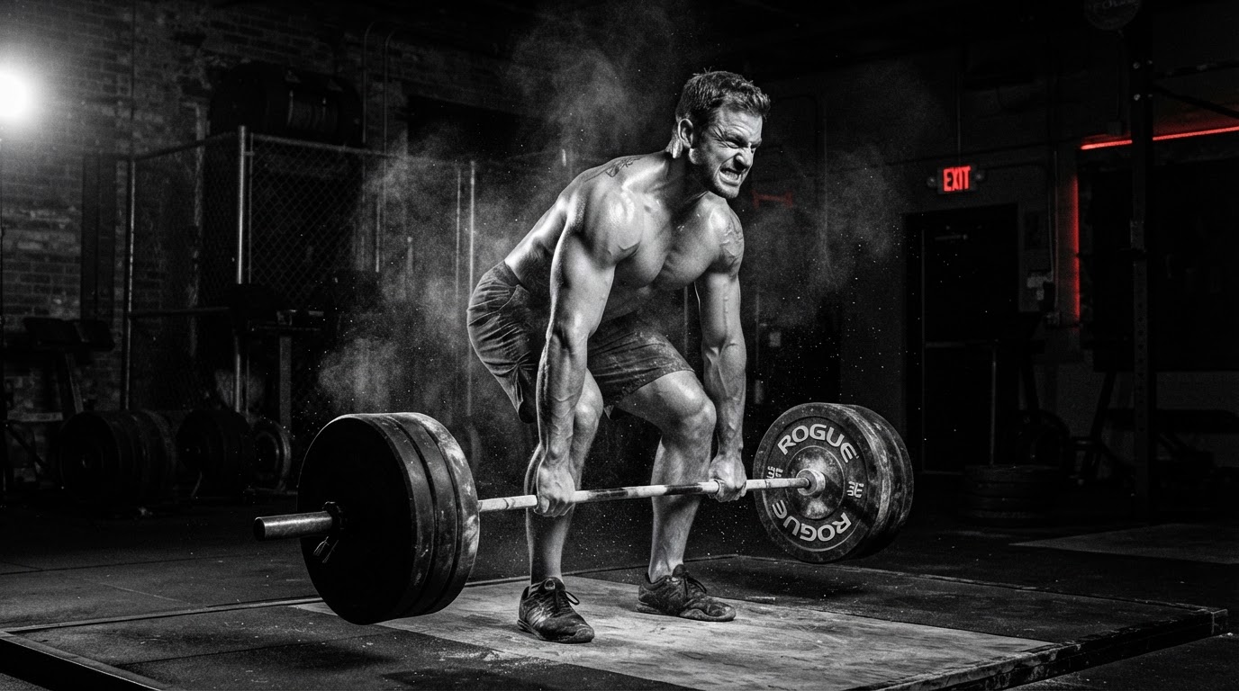Athlete training hard under a heavy barbell in a dark gym