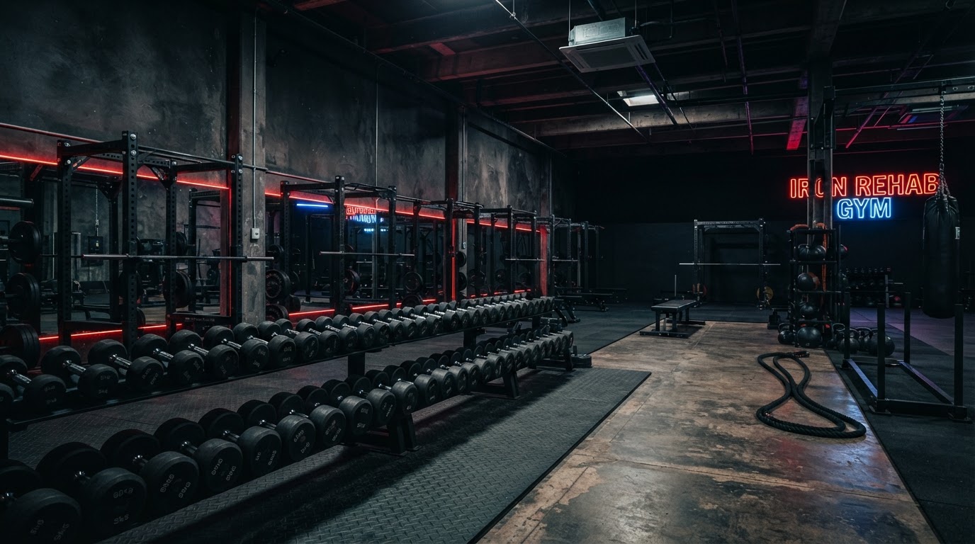 The IRONFORGE gym floor — racks, plates and battle ropes