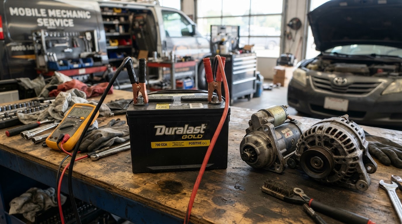 Close up of a car battery with terminals and starter and charging components