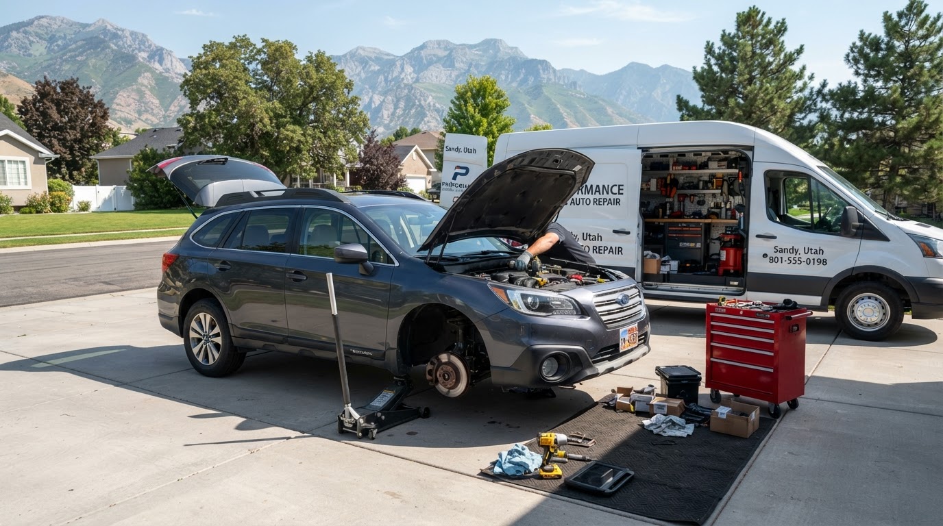 Mobile mechanic service van and vehicle being serviced in a residential driveway