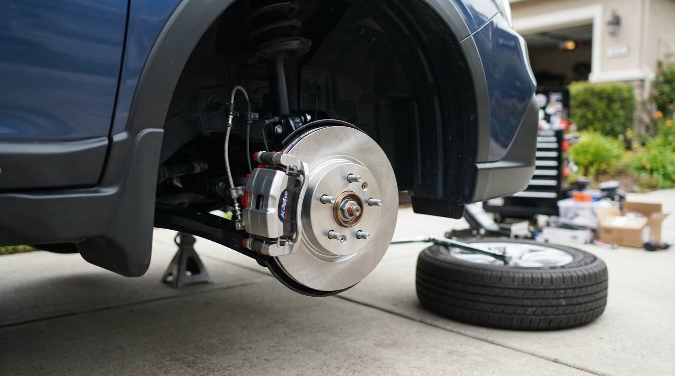 Close up of brake pads and a brake disc during mobile brake repair