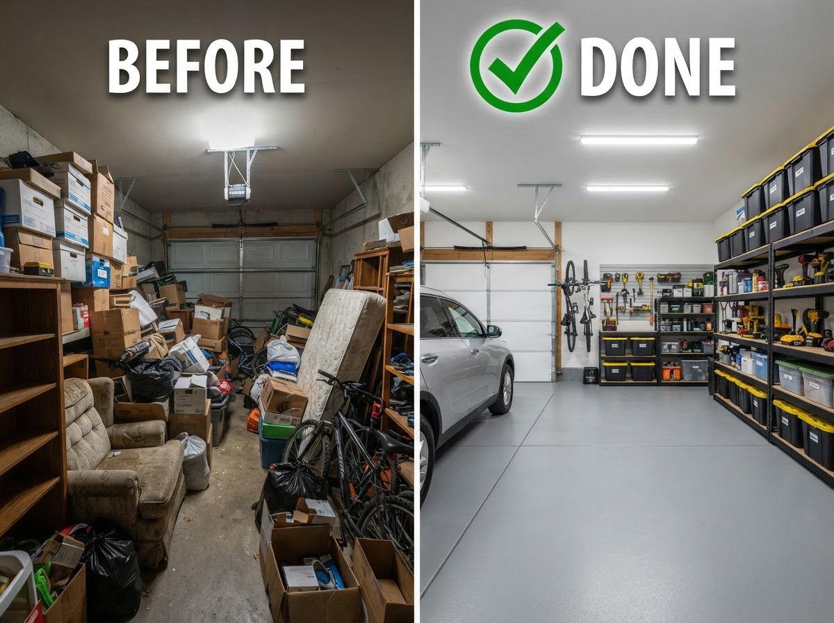 Before and after of a garage cleanout by Junk Same Day