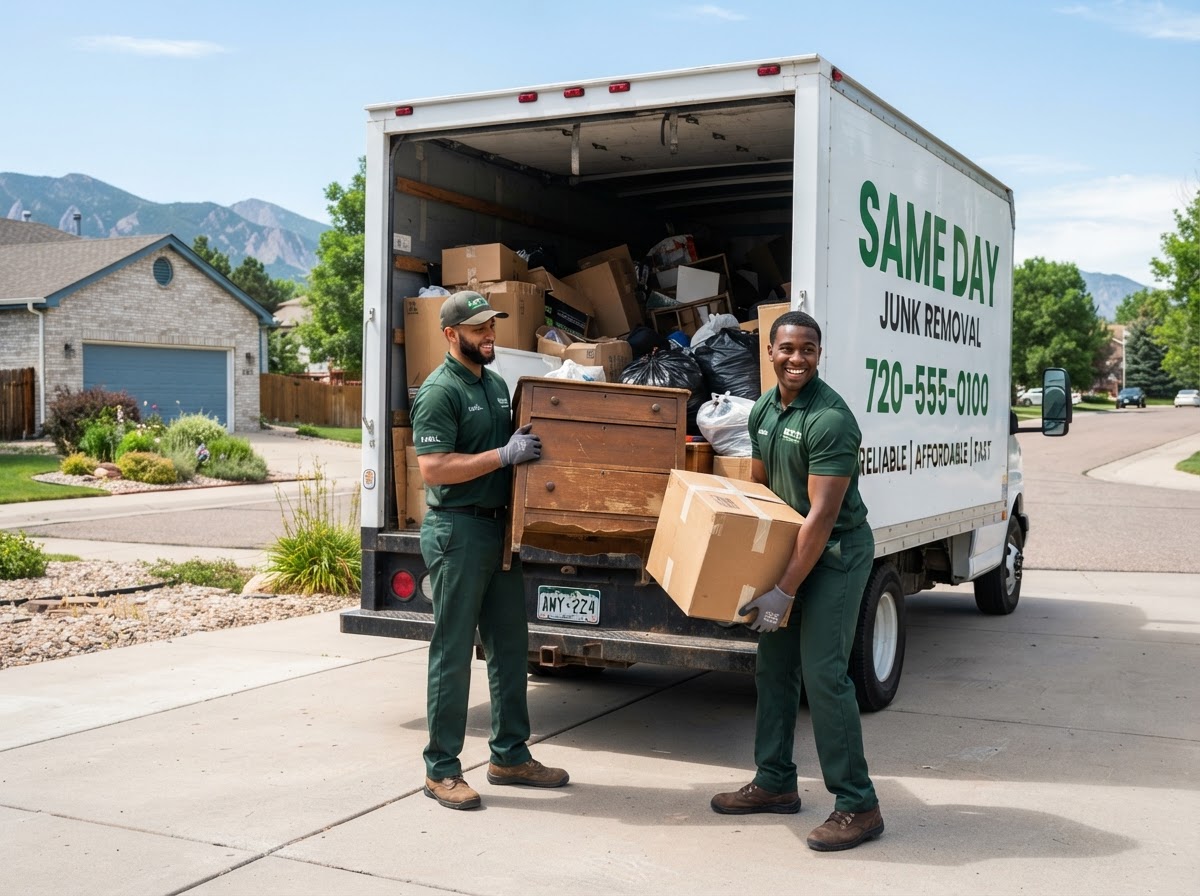 Junk Same Day crew loading junk into a dumpster truck in Aurora
