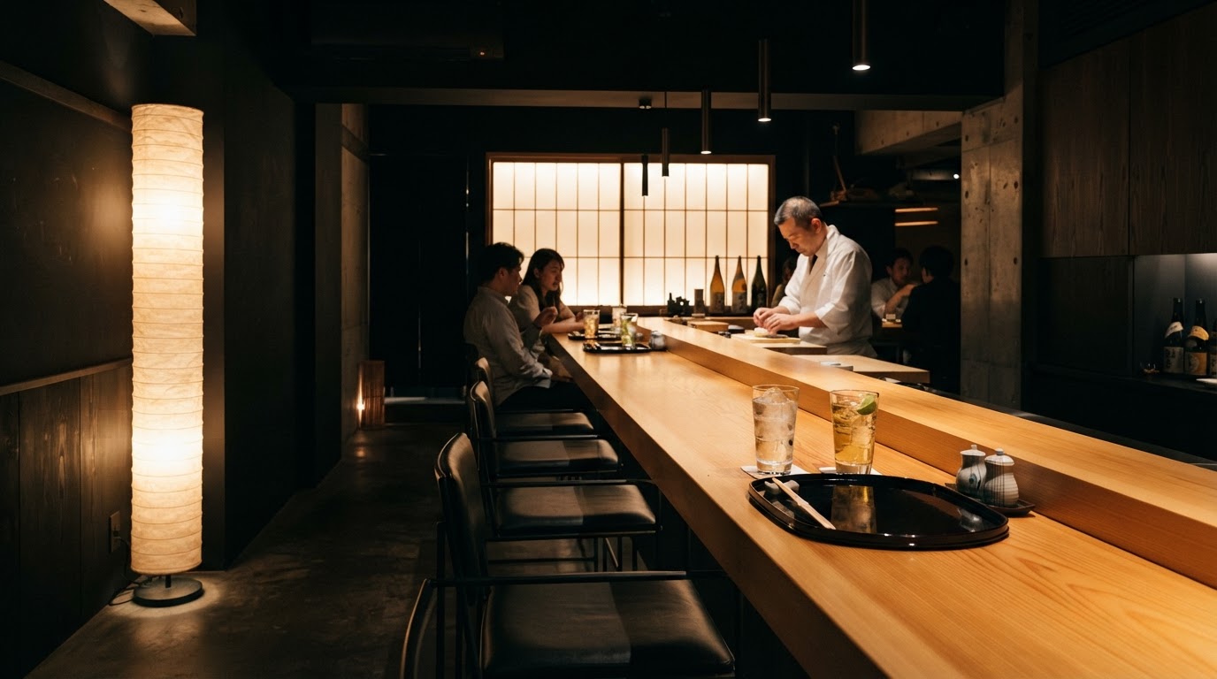 Atmospheric izakaya chef tending the binchotan grill