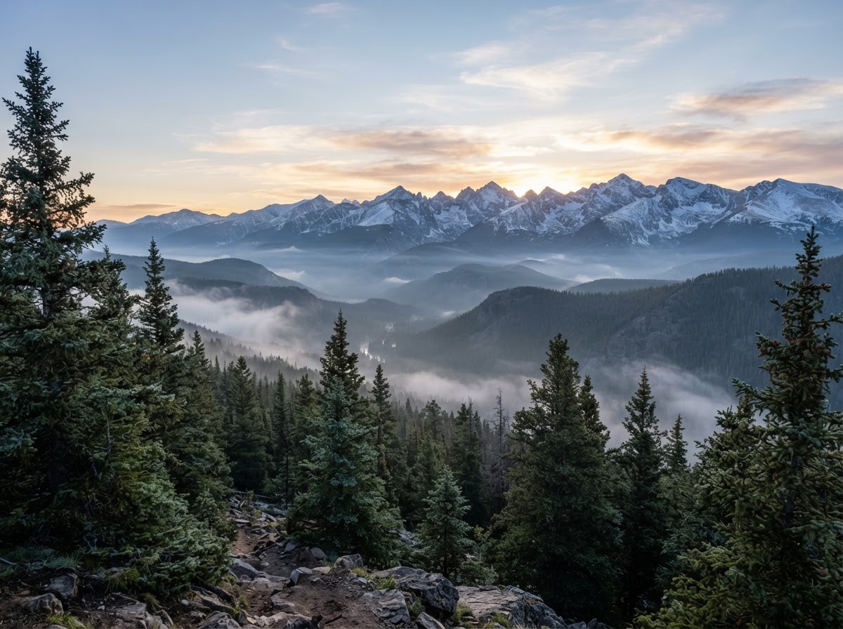 Serene mountain landscape in Colorado at dawn
