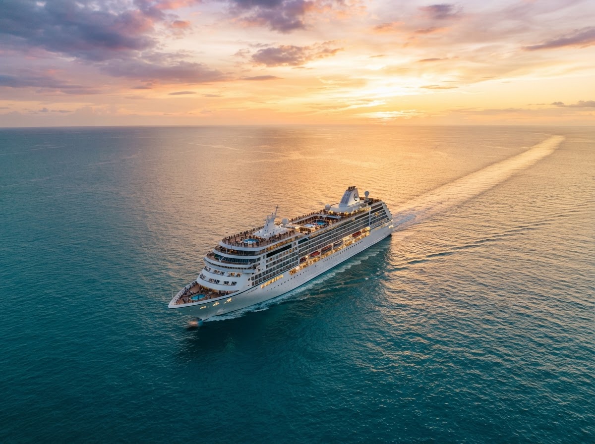 Elegant cruise ship sailing on open turquoise ocean at sunset
