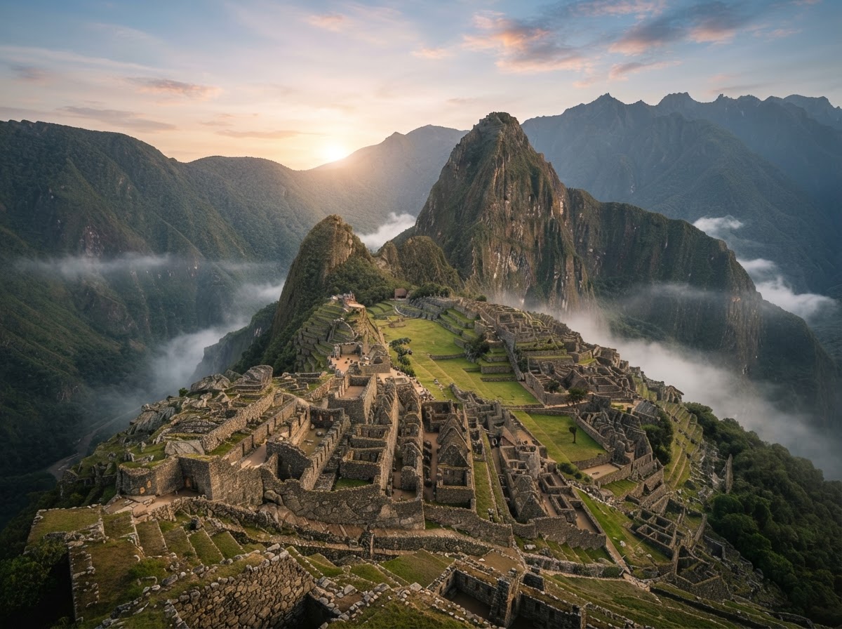 Machu Picchu ruins in the Peruvian Andes at sunrise
