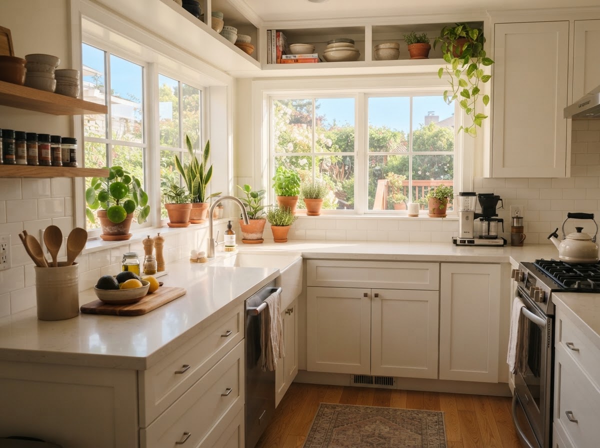 Conceptual demo photo of a sunlit, tidy, lived-in residential kitchen with clean countertops — fictional demo imagery, not a real client home.