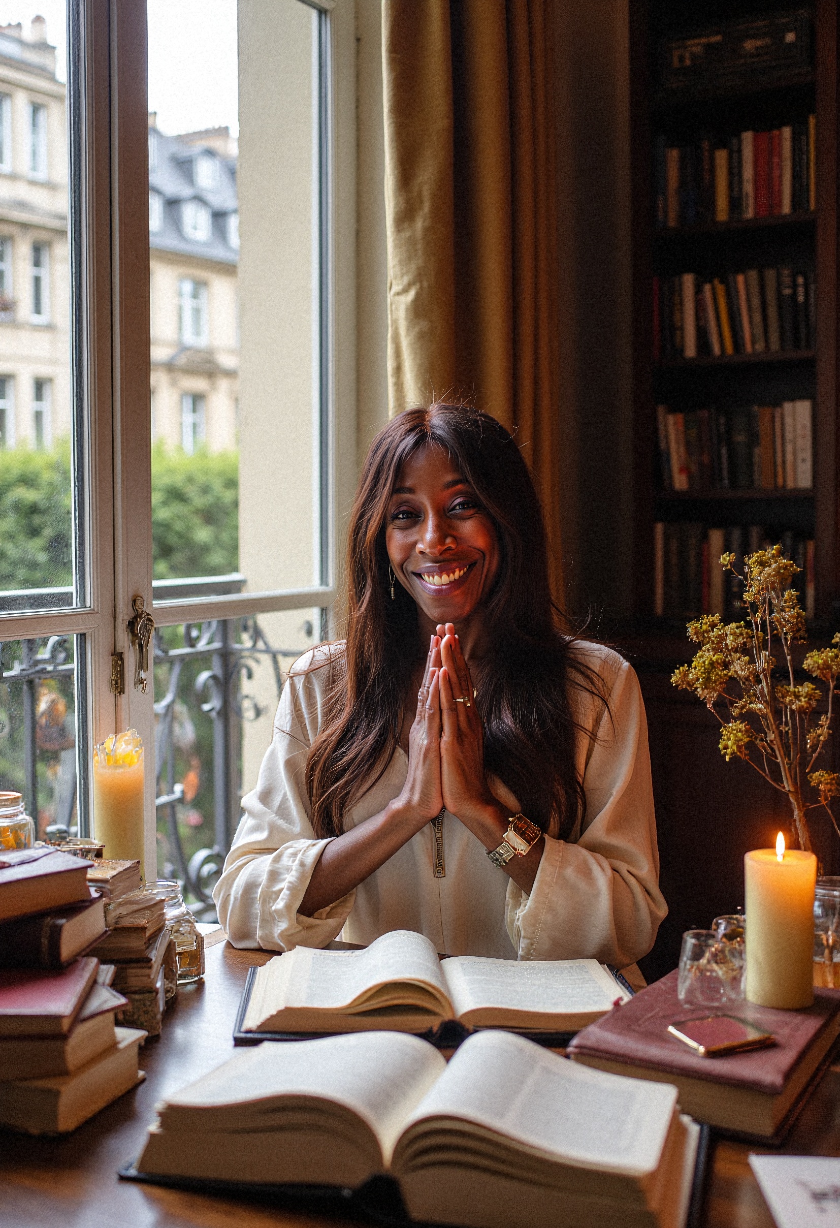 Crystal Lynn Bell seated at a desk with open books, candles, and hands in prayer by a Parisian window