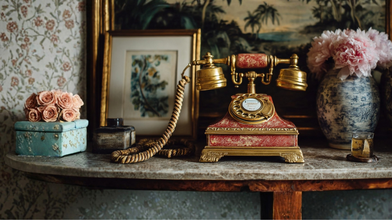 Vintage French red and gold rotary telephone on an antique marble table with fresh florals and paintings