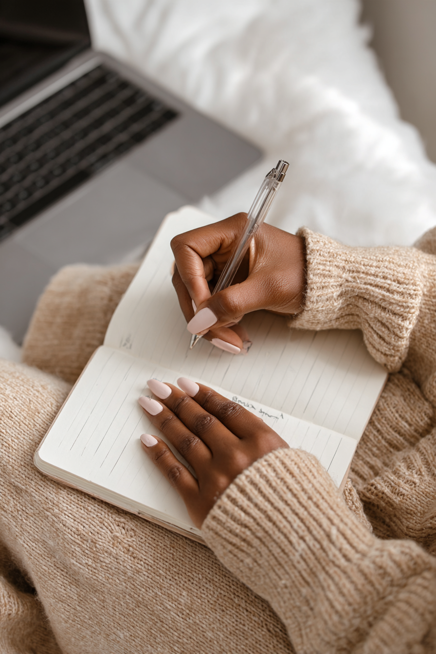 A woman journaling beside her laptop, tending to her work with intention
