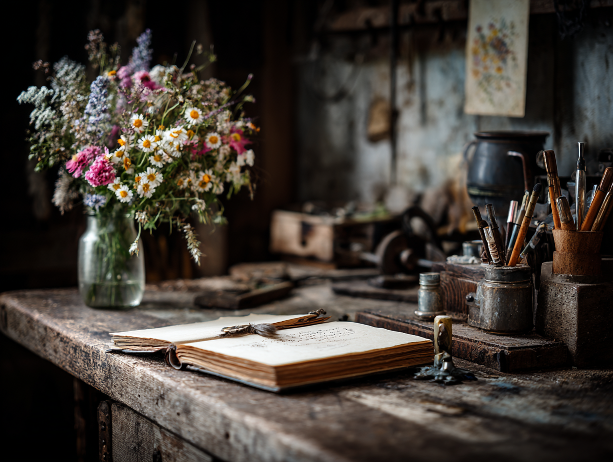 An artisan's atelier wooden workbench with hand-bound journal, wildflowers, and tools crafted with care