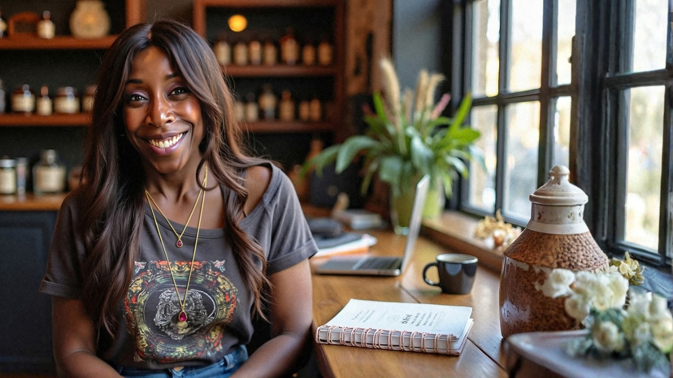 Crystal Lynn Bell smiling warmly by an apothecary window with notebook and laptop