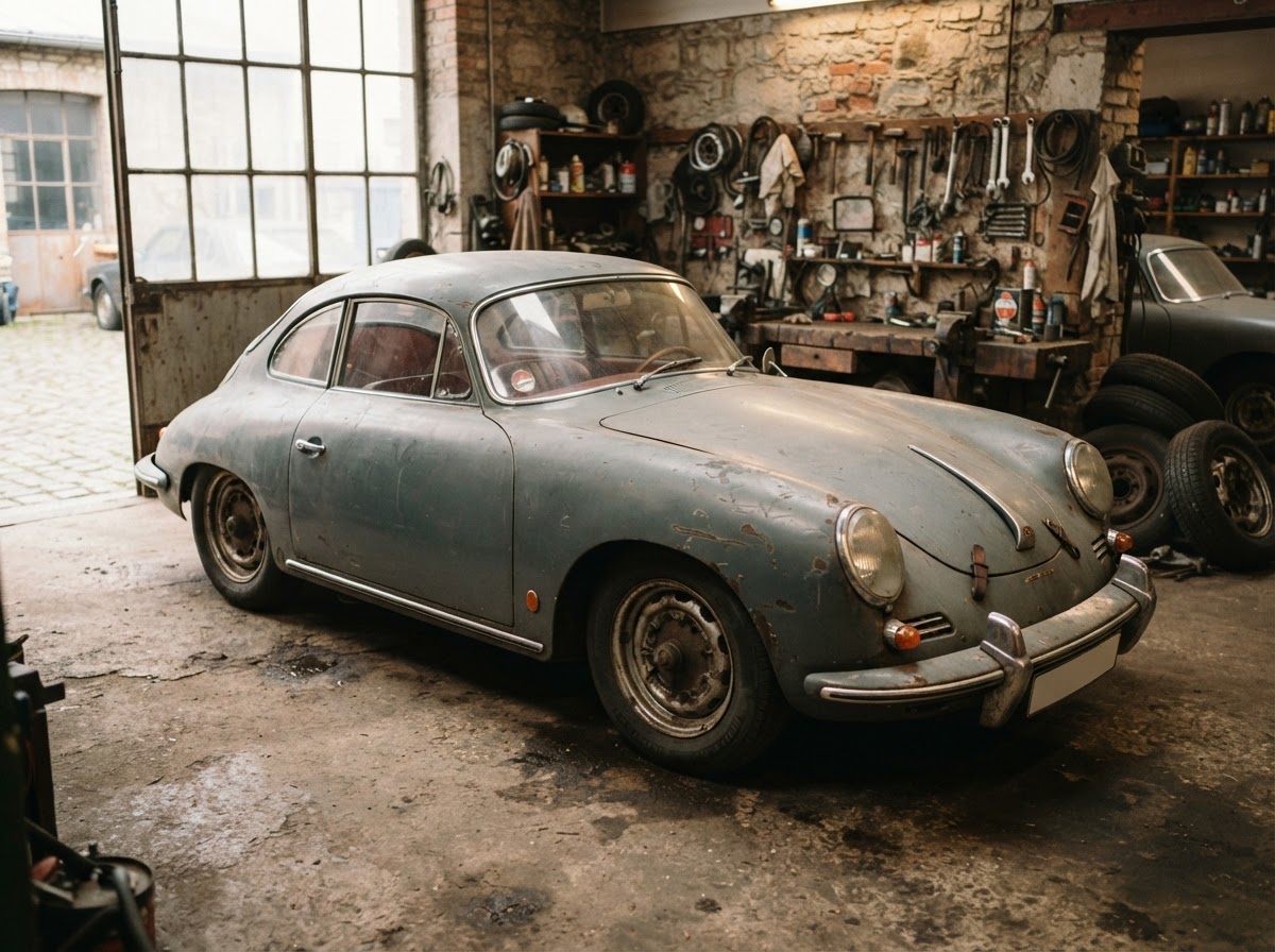 A classic European sports car in a workshop