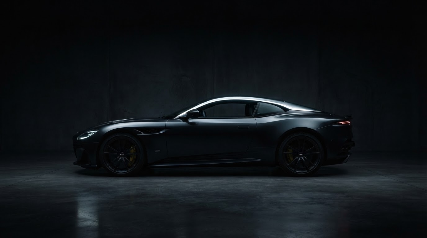 A dark luxury coupe in side profile under a single dramatic rim light