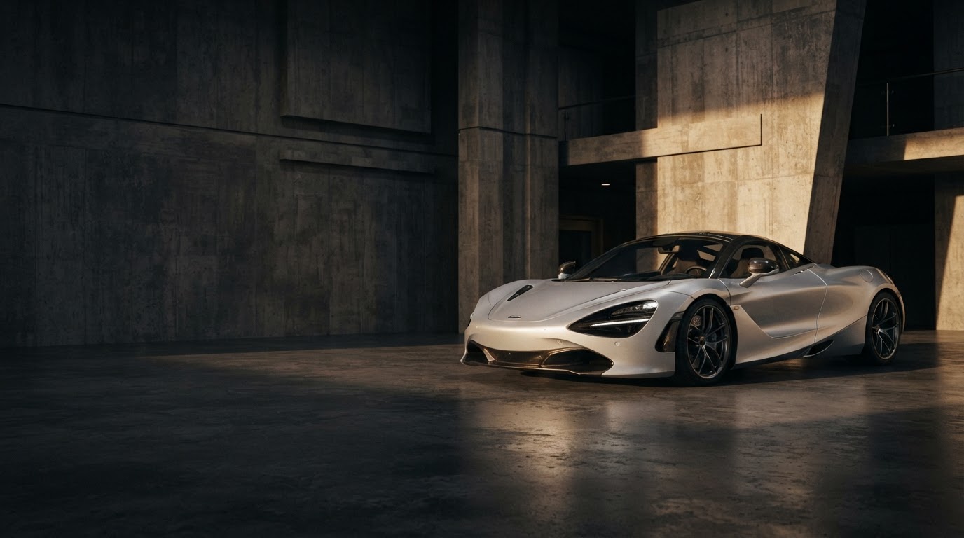 A silver exotic car in a minimalist concrete garage under dramatic light