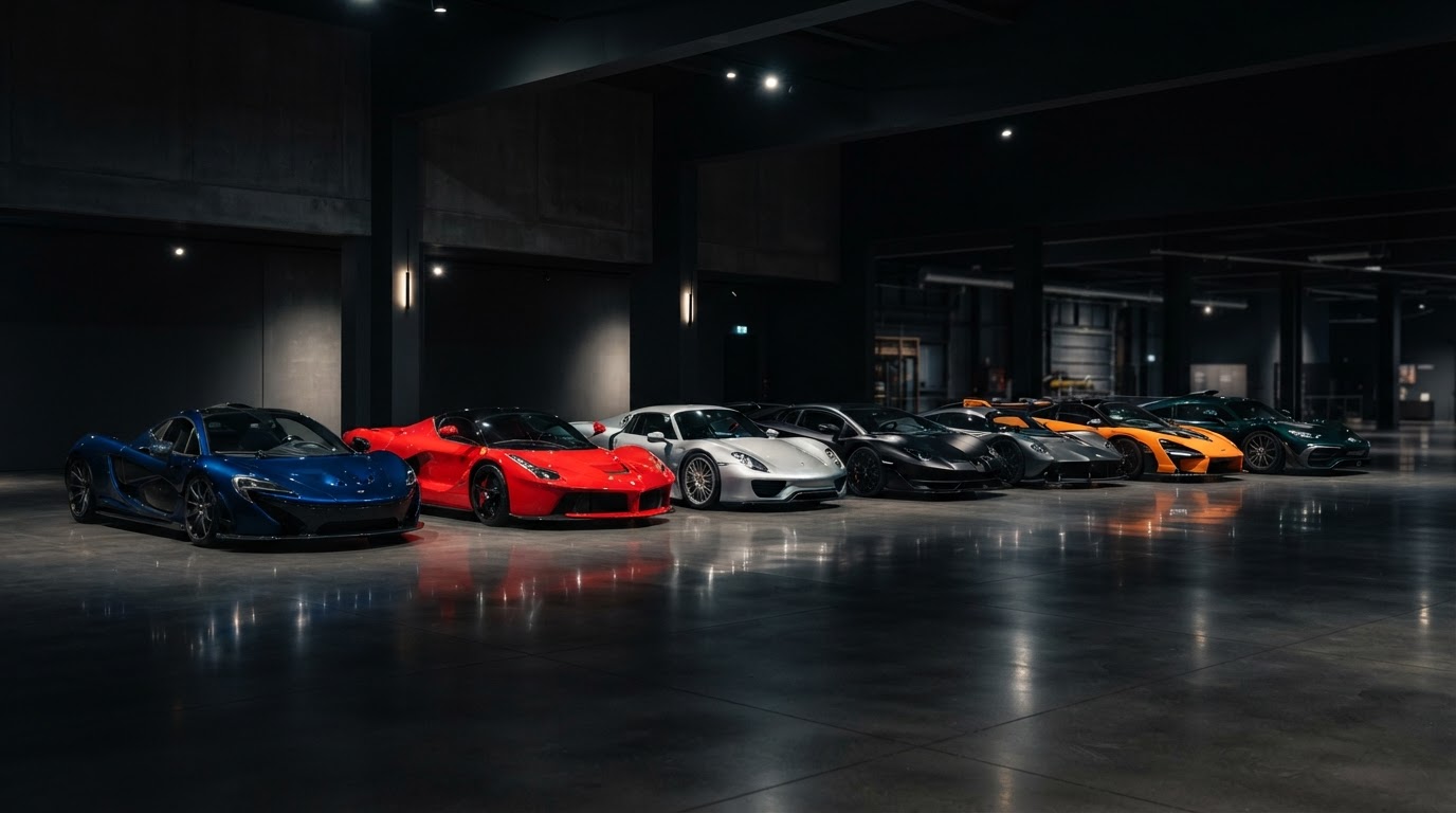 A row of exotic and luxury cars lined up in a dark elegant gallery hall