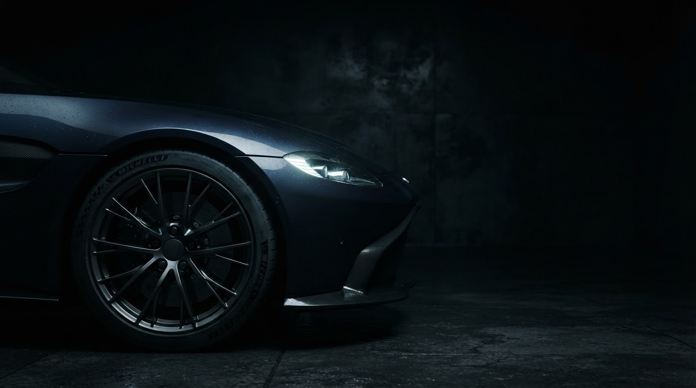 A dark low-key detail of a luxury car wheel and headlight