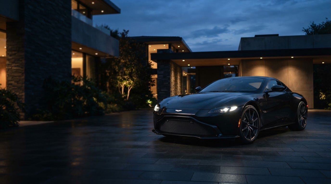 A luxury car in a sophisticated architectural setting at dusk