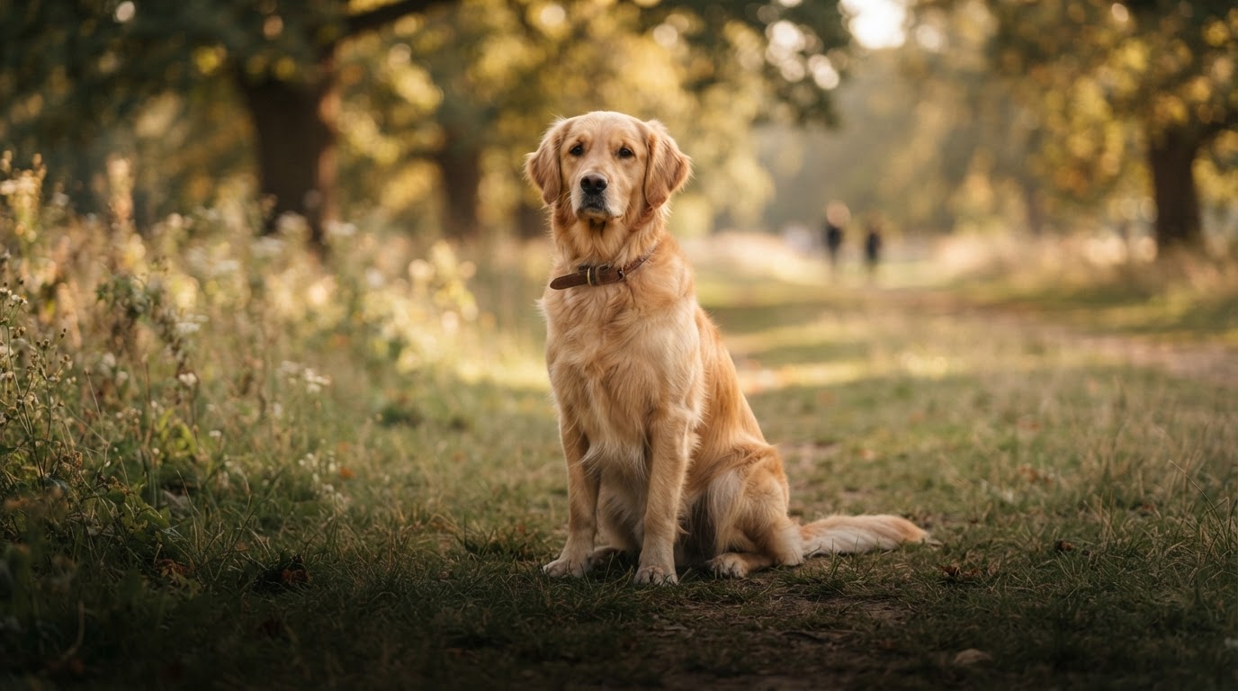 A calm, well-trained dog in a sunlit park