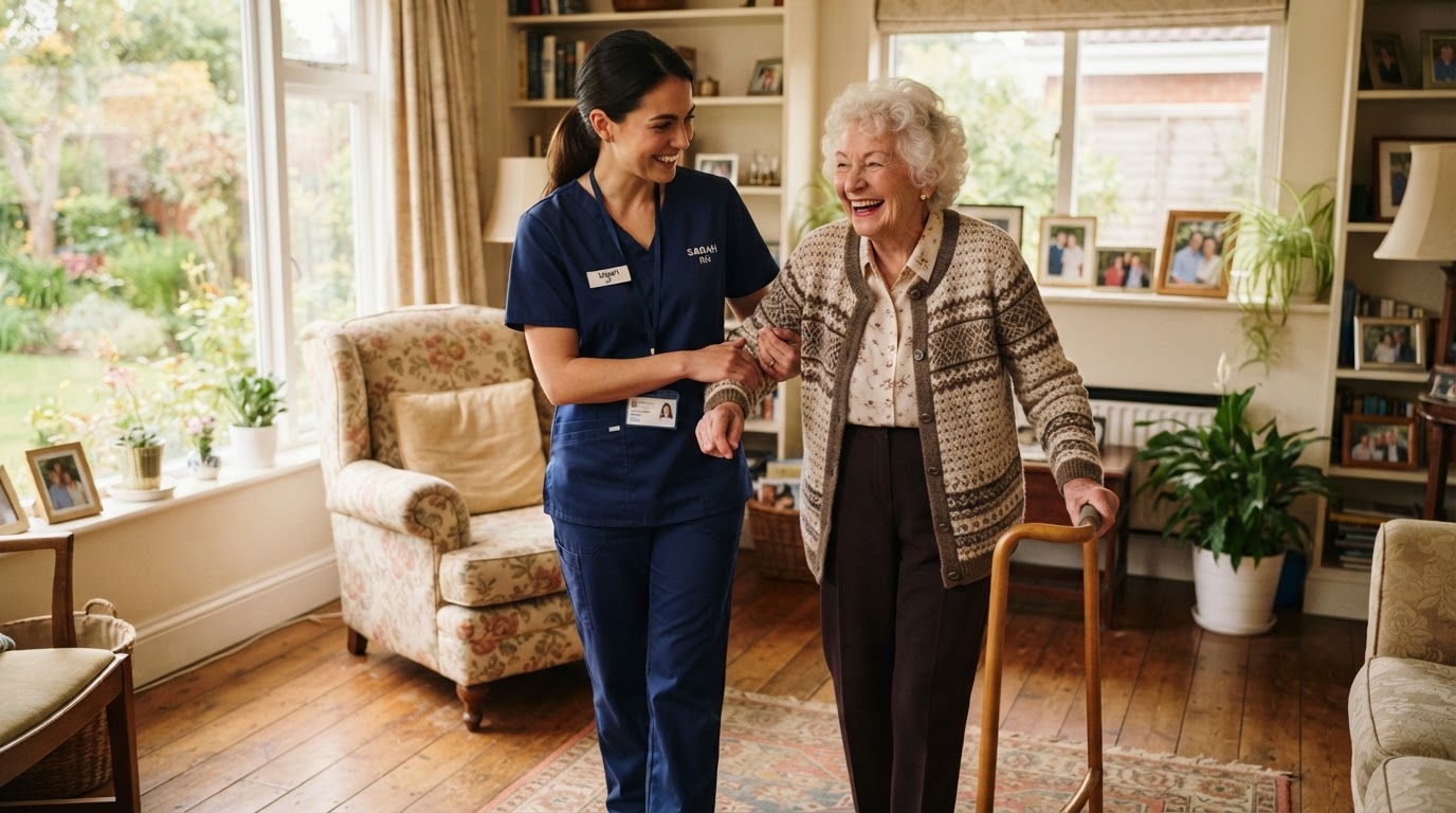 Compassionate healthcare caregiver assisting an elderly client at home